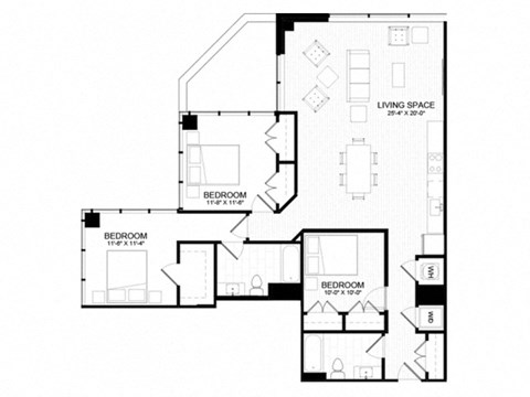 3 Bed 2 Bath Floor Plan at The Oxford Apartments, Maryland, 20745